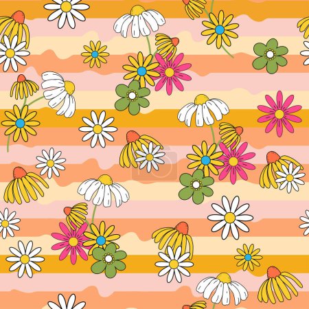 Téléchargez les illustrations : Motif floral coloré et arc-en-ciel sans couture. Style rétro des années 70. Parfait pour la conception de t-shirts, papier peint, tissu, cartes - en licence libre de droit