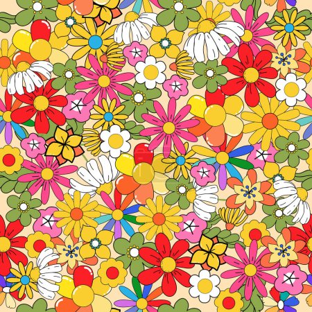 Ilustración de Colorido estilo retro 70s patrón floral sin costuras. Perfecto para el diseño de camisetas, papel pintado, tela, tarjetas - Imagen libre de derechos