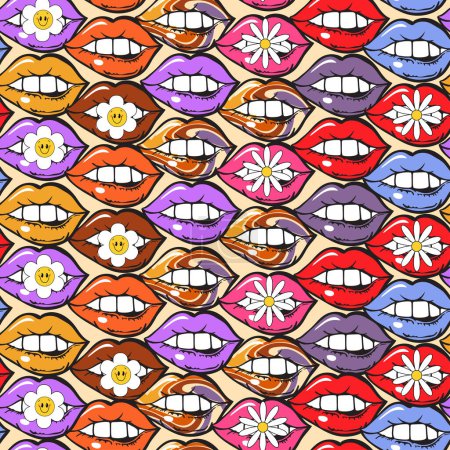 Illustration for Colorful retro style 70s lips seamless pattern. Vector illustration. Perfect for t-shirt design, wallpaper, fabric, cards - Royalty Free Image