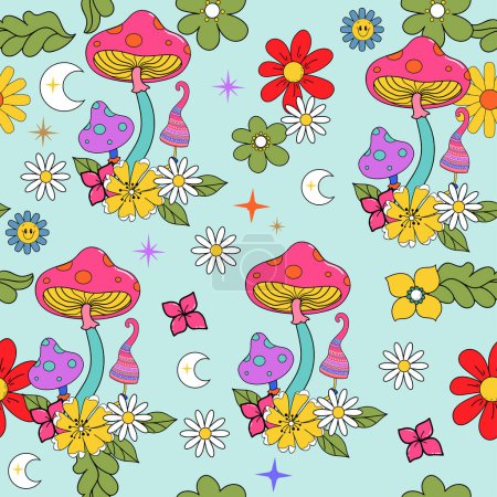 Téléchargez les illustrations : Style rétro coloré des années 70-90 floral, champignons et motif sans couture lune. Parfait pour la conception de t-shirts, papier peint, tissu, cartes - en licence libre de droit