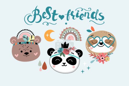 Illustration for Cute animal heads panda, sloth, bears and the inscription best friends. Vector boho style illustration. Nursery, greeting card, poster, baby shower - Royalty Free Image