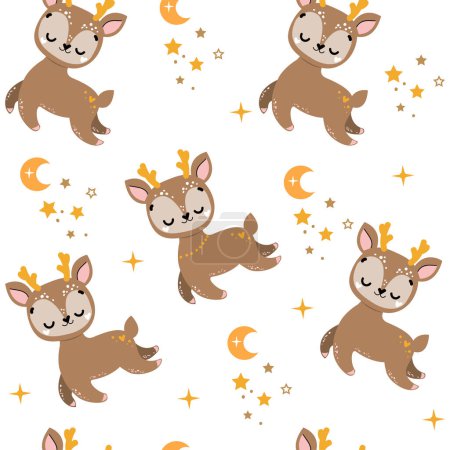 Illustration for Cute baby deer, moon and star in boho style seamless pattern. Vector cartoon illustration. Nursery, greeting card, poster, baby shower, t-shirt design - Royalty Free Image