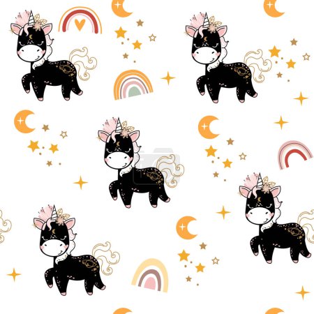 Illustration for Cute baby unicorn, moon and star in boho style seamless pattern. Vector cartoon illustration. Nursery, greeting card, poster, baby shower, t-shirt design - Royalty Free Image