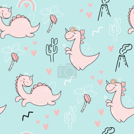 Illustration for Cute dinosaur seamless pattern backgrounds. Boho style. Vector illustration design for t-shirts, wrapping paper - Royalty Free Image