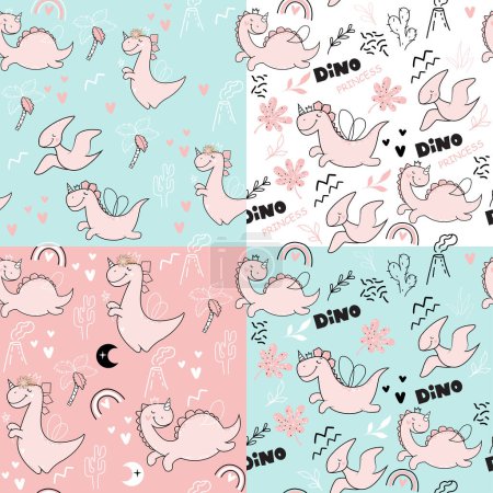 Illustration for Cute dinosaurs collection of seamless pattern backgrounds. Boho style. Vector illustration design for t-shirts, wrapping paper, greeting cards - Royalty Free Image