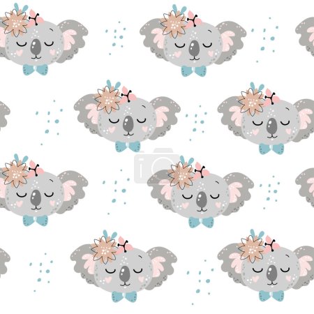 Ilustración de Linda cabeza de koala y flor iseamless patrón. Dibujos animados vectoriales ilustración n estilo boho. Guardería, tarjeta de felicitación, póster, baby shower - Imagen libre de derechos
