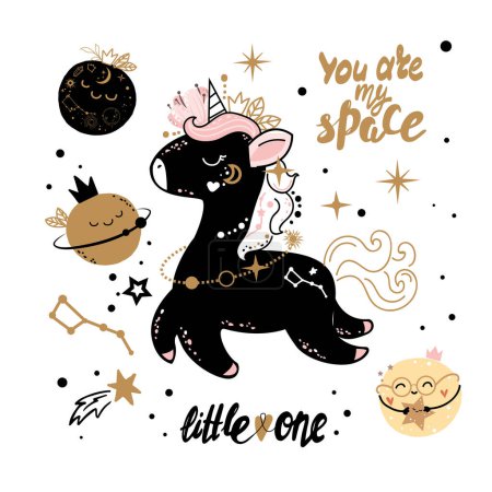 Illustration for Cute little black unicorn and planet in boho style. Baby shower, Greeting card or poster for nursery or kids room, T-shirt design. Vector cartoon illustration - Royalty Free Image
