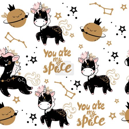Illustration for Cute little black unicorn and planet in boho style. Baby seamless pattern for T-shirt design. Vector cartoon illustration - Royalty Free Image