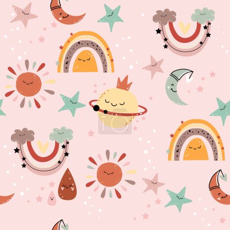 Illustration for Cute rainbow, sun, moon and planet in boho style seamless pattern. Vector cartoon illustration. Nursery, greeting card, baby shower, pajama print - Royalty Free Image