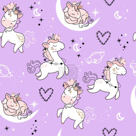 Illustration for Cute unicorn and planets in trend color 2022 in boho style seamless pattern. Vector cartoon illustration. Nursery, greeting card, poster, baby shower - Royalty Free Image