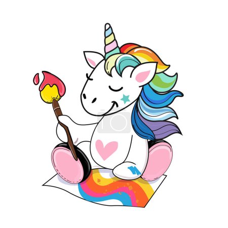Ilustración de Lindo artista unicornio dibuja un arco iris sobre un fondo blanco. Ilustración de dibujos animados vectoriales. Estilo Kawaii - Imagen libre de derechos