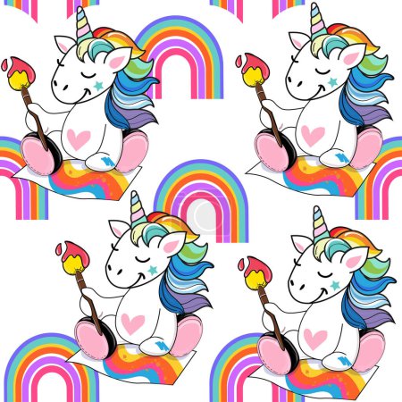 Ilustración de Lindo artista unicornio dibuja un arco iris sobre un fondo blanco patrón sin costuras. Ilustración de dibujos animados vectoriales. Estilo Kawaii - Imagen libre de derechos