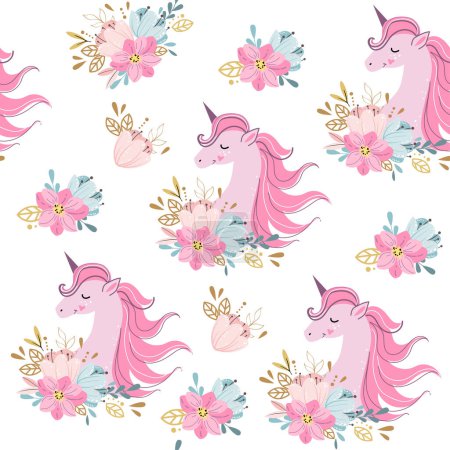 Illustration for Cute unicorn head with flowers in boho style seamless pattern. Vector illustration. Scandinavian design nursery art - Royalty Free Image