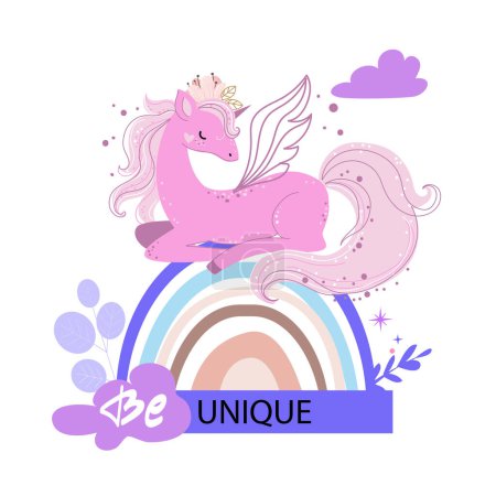 Ilustración de Lindo unicornio sentado en un arco iris en estilo boho. Ilustración vectorial aislada. Diseño escandinavo para camiseta, vivero de arte - Imagen libre de derechos