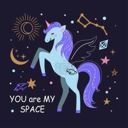 Ilustración de Lindo unicornio, planeta y la inscripción tú eres mi espacio. Ilustración vectorial para el diseño de camisetas, guardería para niños. Estilo boho - Imagen libre de derechos