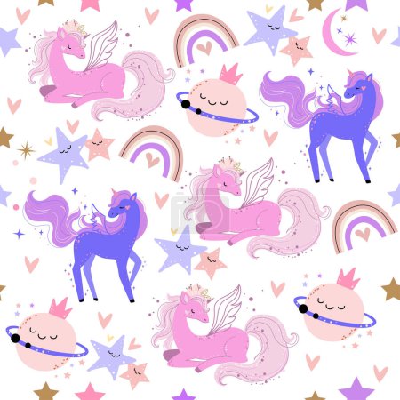 Illustration for Cute unicorn, planet, rainbow and star seamless pattern. Vector illustration in boho style for t-shirt design, nursery for kids, pajamas print - Royalty Free Image