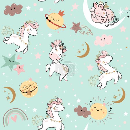 Illustration for Cute unicorn, rainbow sun and planet in boho style seamless pattern. Vector cartoon illustration. Nursery, greeting card, baby shower, pajama print - Royalty Free Image