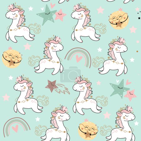 Illustration for Cute unicorn, rainbow and sun in boho style seamless pattern. Vector cartoon illustration. Nursery, greeting card, poster, baby shower, pajama print - Royalty Free Image
