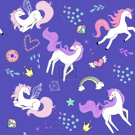 Ilustración de Lindos unicornios y flores patrón sin costuras. Ilustración vectorial para el diseño de camisetas, guardería para niños - Imagen libre de derechos