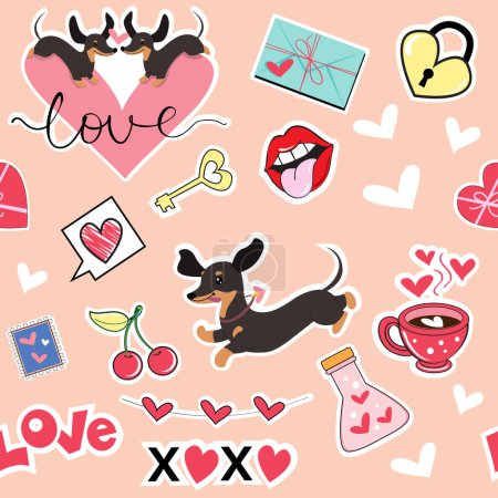 Illustration for Dachshund dog and pop art elements seamless pattern background for valentines day. Vector illustration - Royalty Free Image
