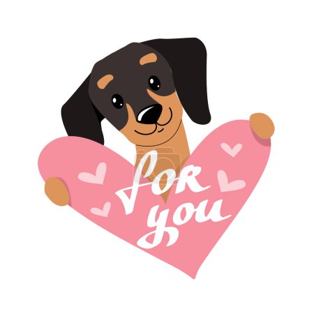 Illustration for Dachshund dog holds a heart and an inscription for you. Vector illustration for valentine's day - Royalty Free Image
