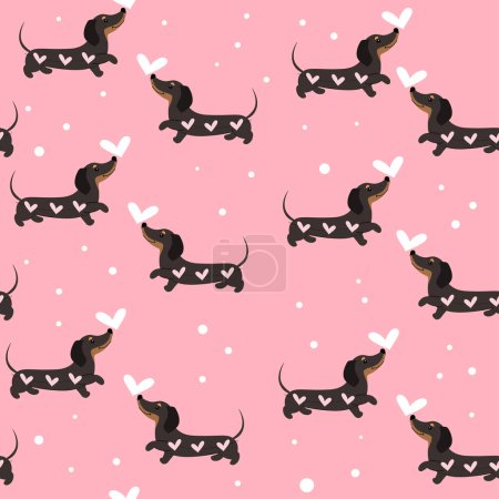 Dachshund dogs  and hearts seamless pattern on a pink background. Valentines day. Vector illustration