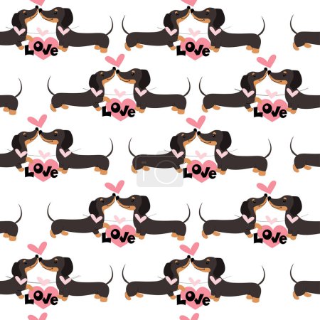 Illustration for Dachshund dogs  and hearts seamless pattern on a white background. Valentines day. Vector illustration - Royalty Free Image