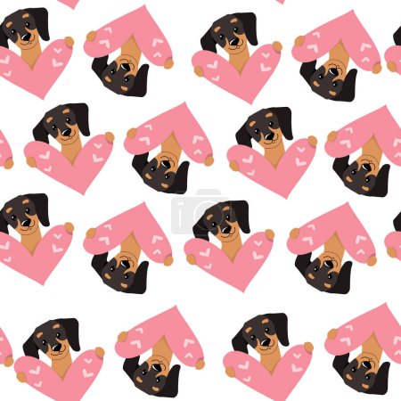 Illustration for Dachshund dogs and hearts seamless pattern background. Valentines day. Vector cartoon doodle illustration - Royalty Free Image