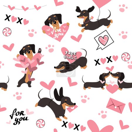 Illustration for Dachshund dogs in love and hearts seamless pattern for valentine's day. Vector illustration - Royalty Free Image