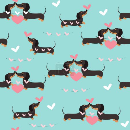 Illustration for Dachshund dogs in love and hearts seamless pattern on a blue background. Valentines day Vector illustration - Royalty Free Image