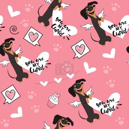 Illustration for Dachshund dogs in love and hearts seamless pattern on a pink background. Valentines day Vector illustration - Royalty Free Image