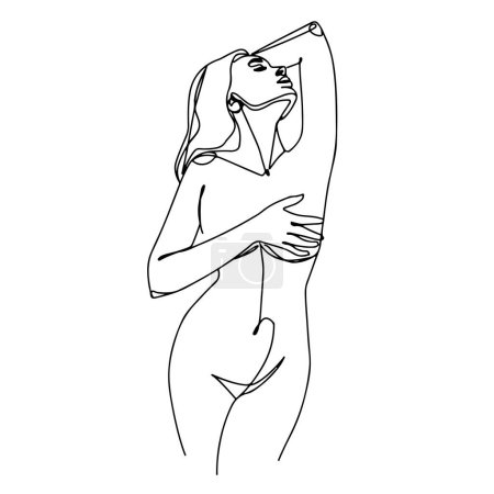 Ilustración de Mujer desnuda en un estilo de línea. Ilustración vectorial sobre fondo blanco aislado. Minimalismo de tendencia moderna - Imagen libre de derechos