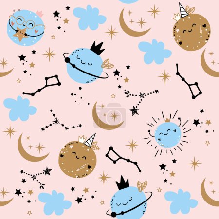 Illustration for Funny planets, moon and stars seamless pattern in boho style. Vector illustration for kids t-shirt and pajamas - Royalty Free Image