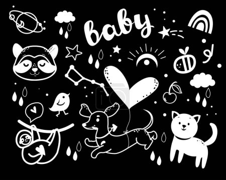 Illustration for Funny set with animals in boho style in one line style. Vector illustration black and white. T-shirt design, nursery decoration, greeting card, poster. - Royalty Free Image