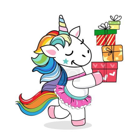 Illustration for Funny unicorn carries boxes of birthday gifts on a white background. Kawaii style. Vector cartoon illustration - Royalty Free Image