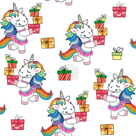 Ilustración de Funny unicornio lleva cajas de regalos de cumpleaños sobre un patrón sin costuras de fondo blanco. Al estilo Kawaii. Ilustración de dibujos animados vectoriales para impresión de camiseta - Imagen libre de derechos
