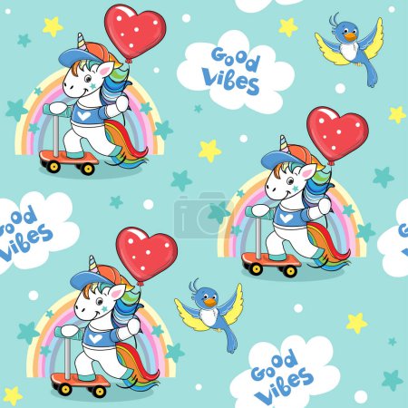 Téléchargez les illustrations : Drôle licorne promenades sur un scooter sur un fond bleu motif sans couture. Illustration vectorielle de dessin animé pour t-shirt imprimé, carte d'anniversaire - en licence libre de droit