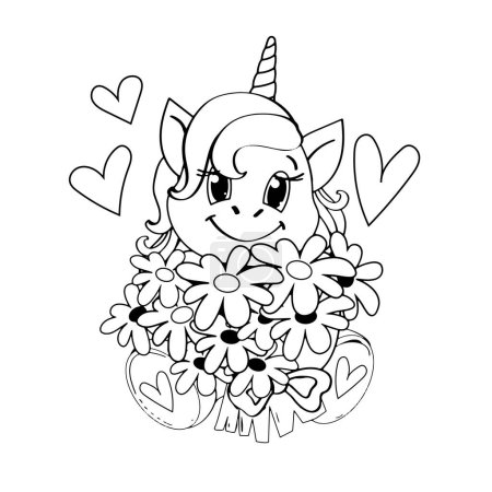 Ilustración de Unicornio divertido con un ramo de flores sobre un fondo blanco. Libro para colorear para niños. Dibujos animados vectoriales ilustración - Imagen libre de derechos