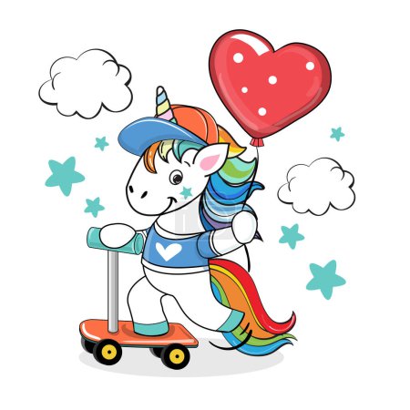 Illustration for Funny unicorn rides on a scooter on a white background isolated. Vector cartoon illustration - Royalty Free Image
