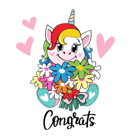Illustration for Funny unicorn with a bouquet of flowers on a white background. Vector illustration - Royalty Free Image