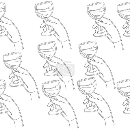 Téléchargez les illustrations : Main tient un verre avec du vin sur un fond blanc motif sans couture. Tendance de la mode en une ligne - en licence libre de droit