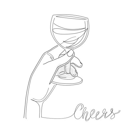 Téléchargez les illustrations : Hand tient un verre avec du vin sur fond blanc. Une ligne tendance de la mode - en licence libre de droit