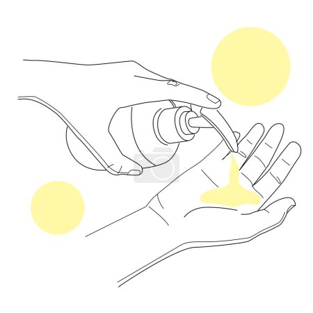 Ilustración de Lavarse las manos con jabón líquido dibujo de una línea. Tendencia de moda. Limpieza, protección contra pandemias - Imagen libre de derechos