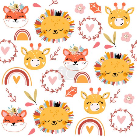 Illustration for Head of fox, giraffe, lion in boho style seamless pattern. Vector illustration on white background. T-shirt design - Royalty Free Image