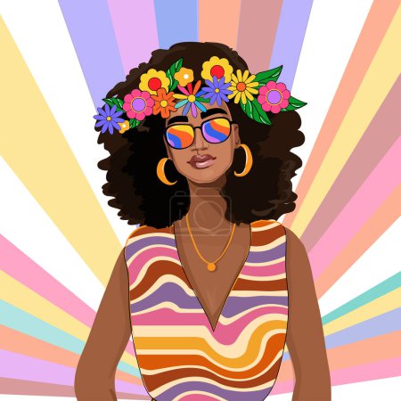 Téléchargez les illustrations : Femme hippie afro-américaine en lunettes psychédéliques. Illustration vectorielle colorée dans un style rétro - en licence libre de droit