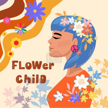 Ilustración de Mujer hippie con pelo brillante e inscripción infantil de flores. Postal psicodélica vectorial en estilo retro - Imagen libre de derechos
