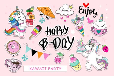 Illustration for Kawaii stickers set with beautiful unicorn and sweets with eyes. Ice cream with unicorn faces, cupcake, cup of coffee, Vector illustration isolated - Royalty Free Image