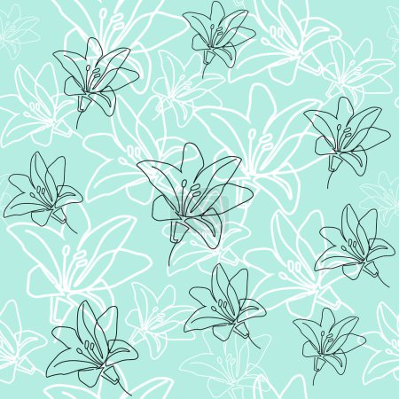 Illustration for Lily flowers seamless pattern on a blue background. Vector illustration. One line drawing modern trend. Fashion and beauty - Royalty Free Image