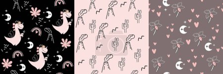 Téléchargez les illustrations : Dinosaure rose, palmier, cactus et coeurs collection de motifs sans couture. Illustration vectorielle pour enfants - en licence libre de droit