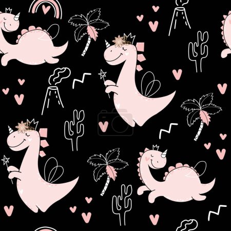 Illustration for Pink dinosaurs on a black background seamless pattern. Vector illustration in scandinavian style for kids. T-shirt design, nursery art, greeting cards - Royalty Free Image